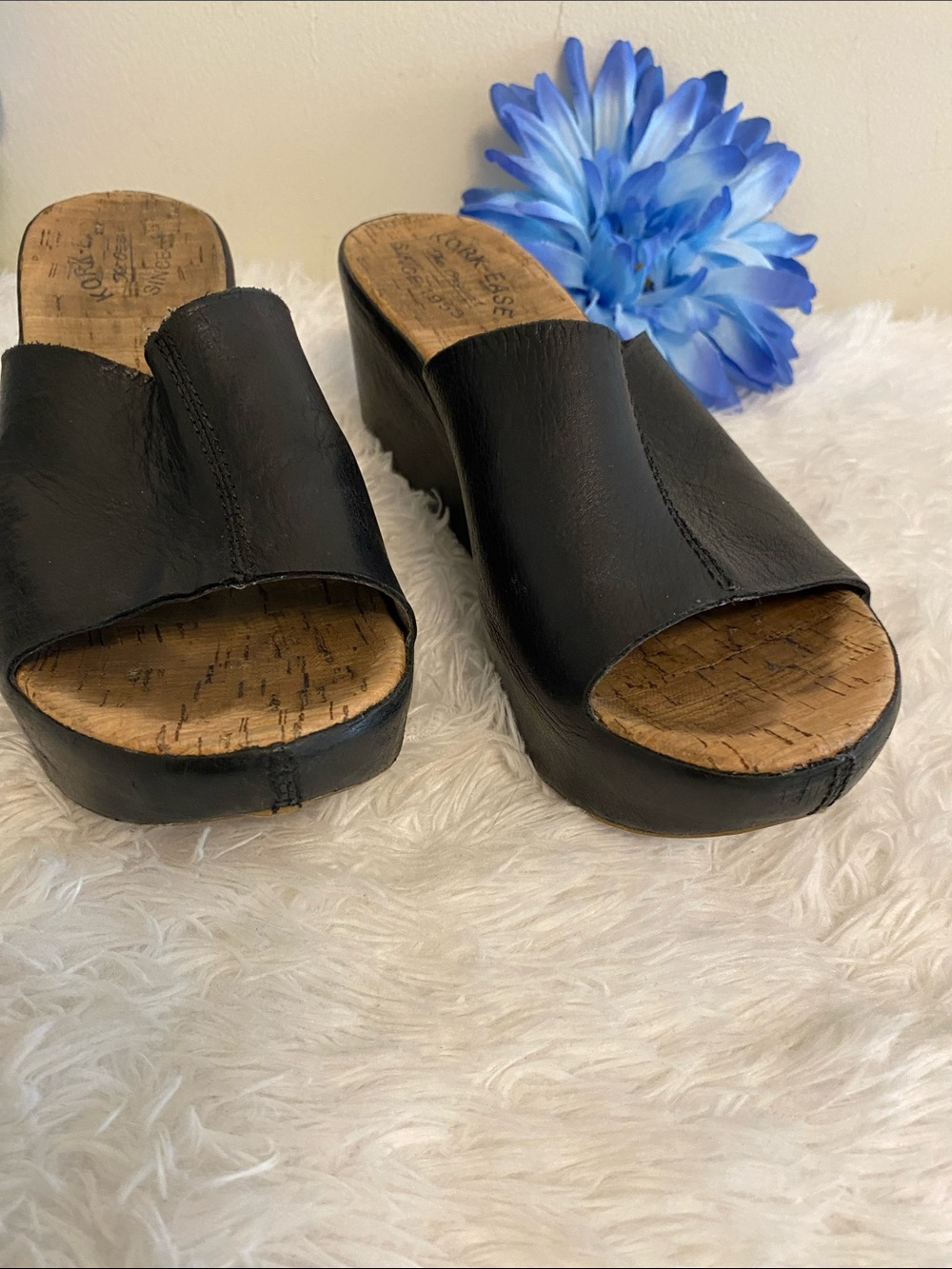 Kork-Ease Black Leather Cork Wedge Mules sz 7m - Picture 3 of 12